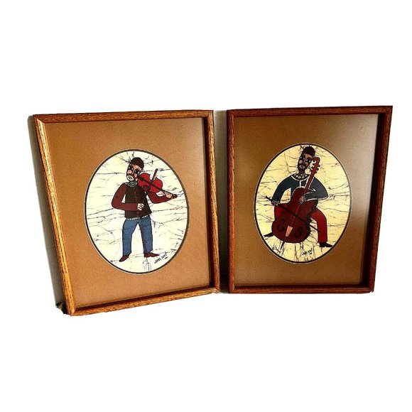 AMOS AMIT FIDDLER JUDAIC Batik Signed Painting 1981 Oval Mat Framed -Priced Each - Picture 1 of 12